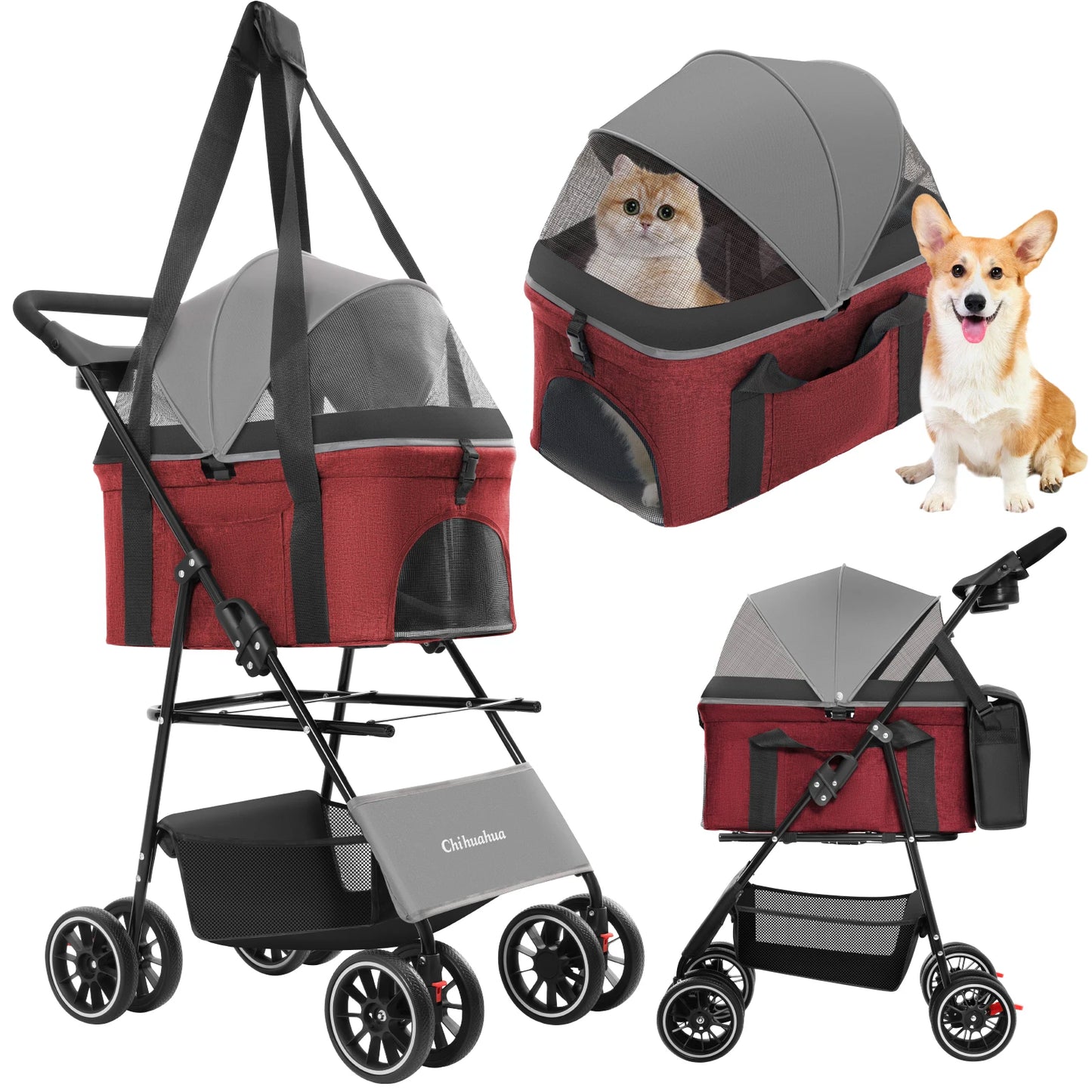 Pet Stroller for Dogs Cats Lightweight Foldable & Detachable