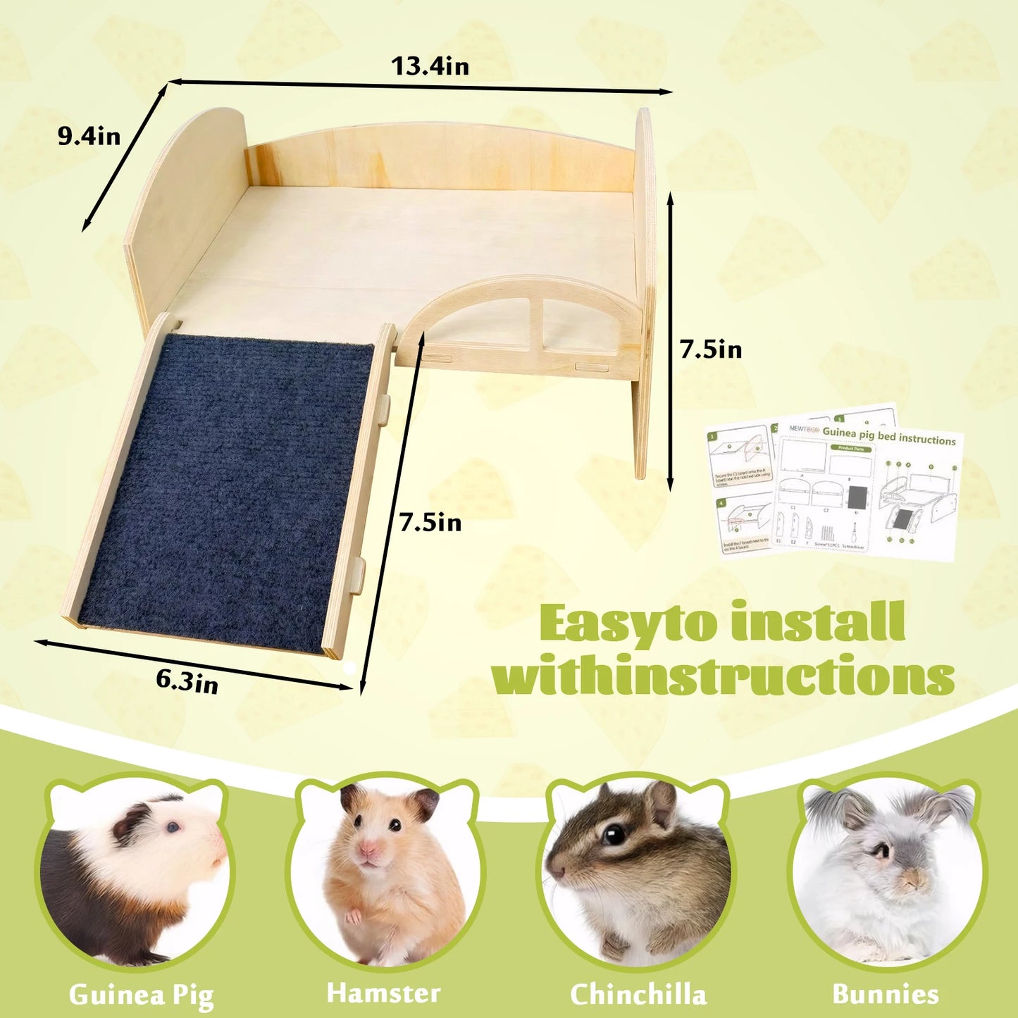Guinea Pig, Hamster Bed with Stable Stairs & Mat