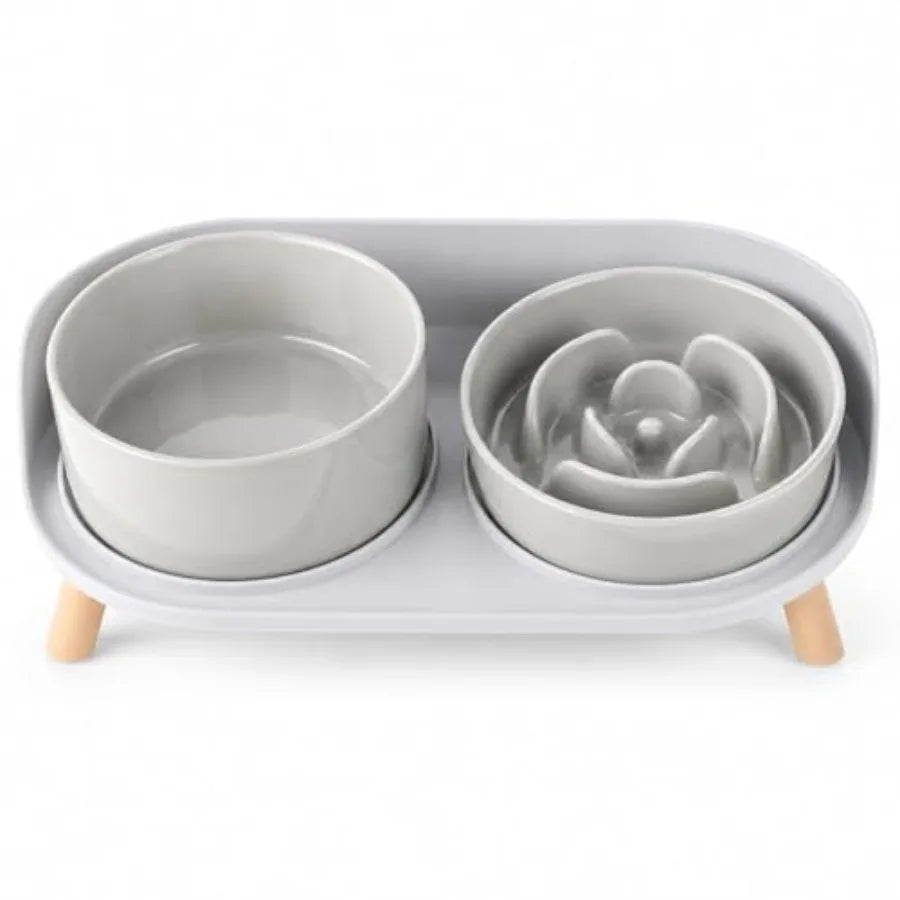 Elevated Ceramic Slow Feeder Food and Water Bowl Set