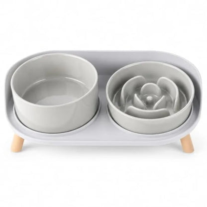 Elevated Ceramic Slow Feeder Food and Water Bowl Set