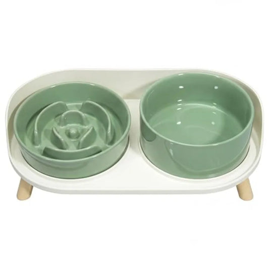 Elevated Ceramic Slow Feeder Food and Water Bowl Set