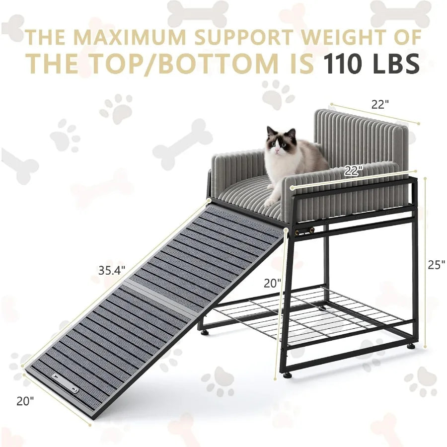 Folding Pet Stairs Ramp with Seat & Bed