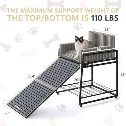 Folding Pet Stairs Ramp with Seat & Bed