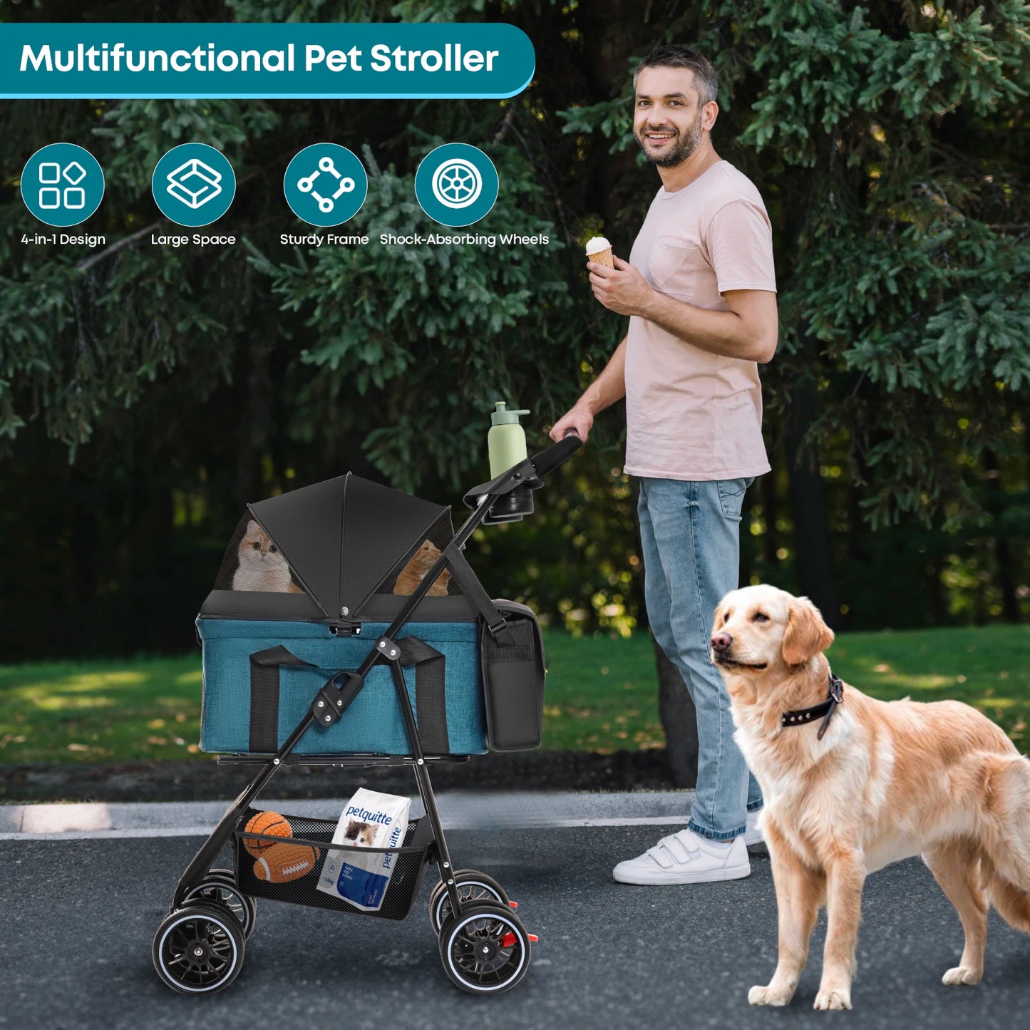 Pet Stroller for Dogs Cats Lightweight Foldable & Detachable