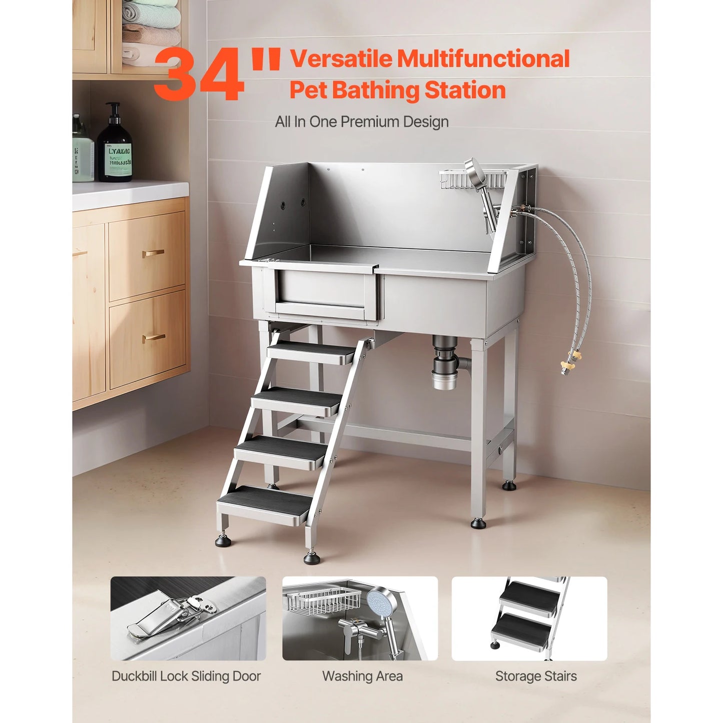 34" Dog Washing Stainless Steel Dog Wash Sink & Shower
