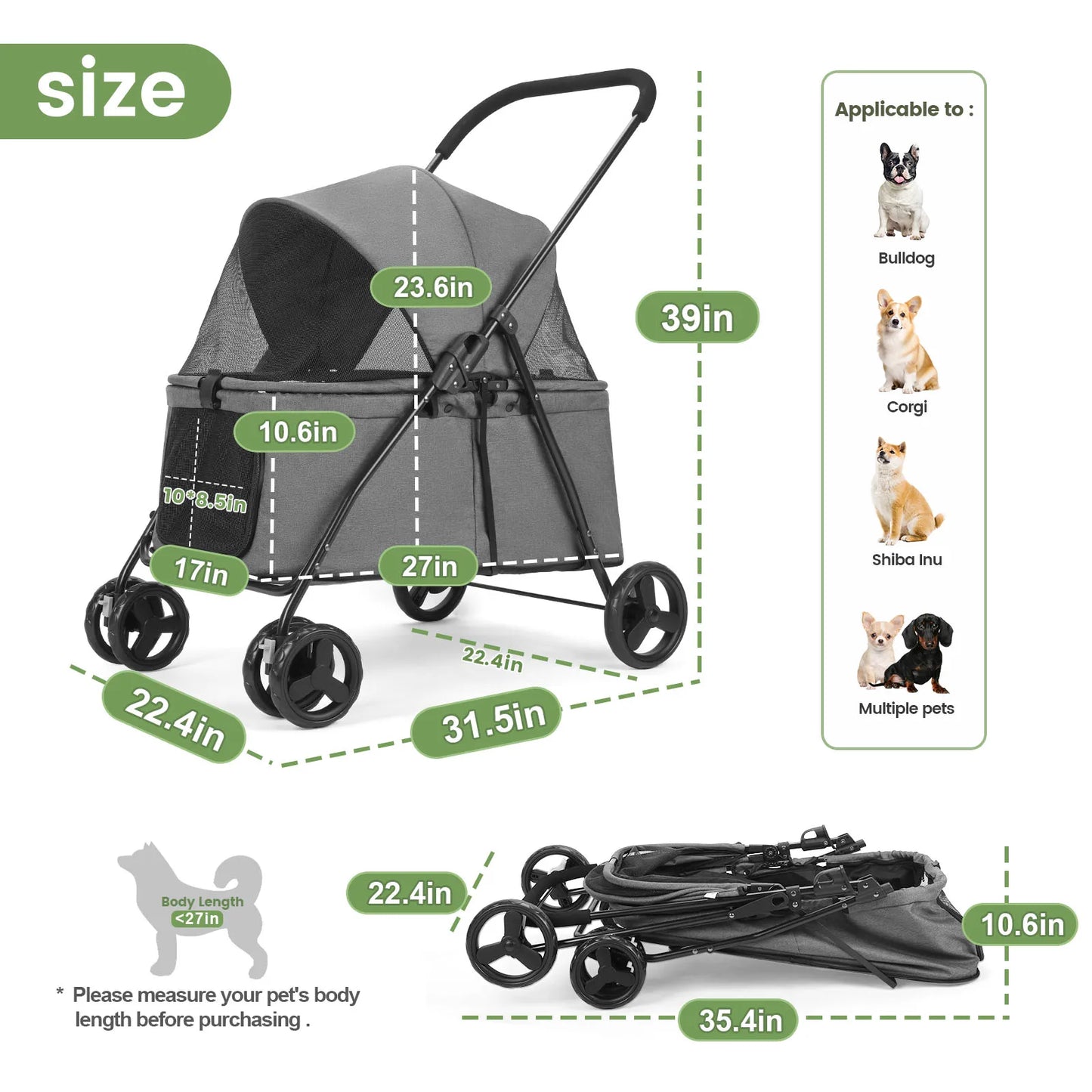 Small, Medium Pet Stroller 4 Wheels with Brakes