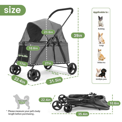 Small, Medium Pet Stroller 4 Wheels with Brakes