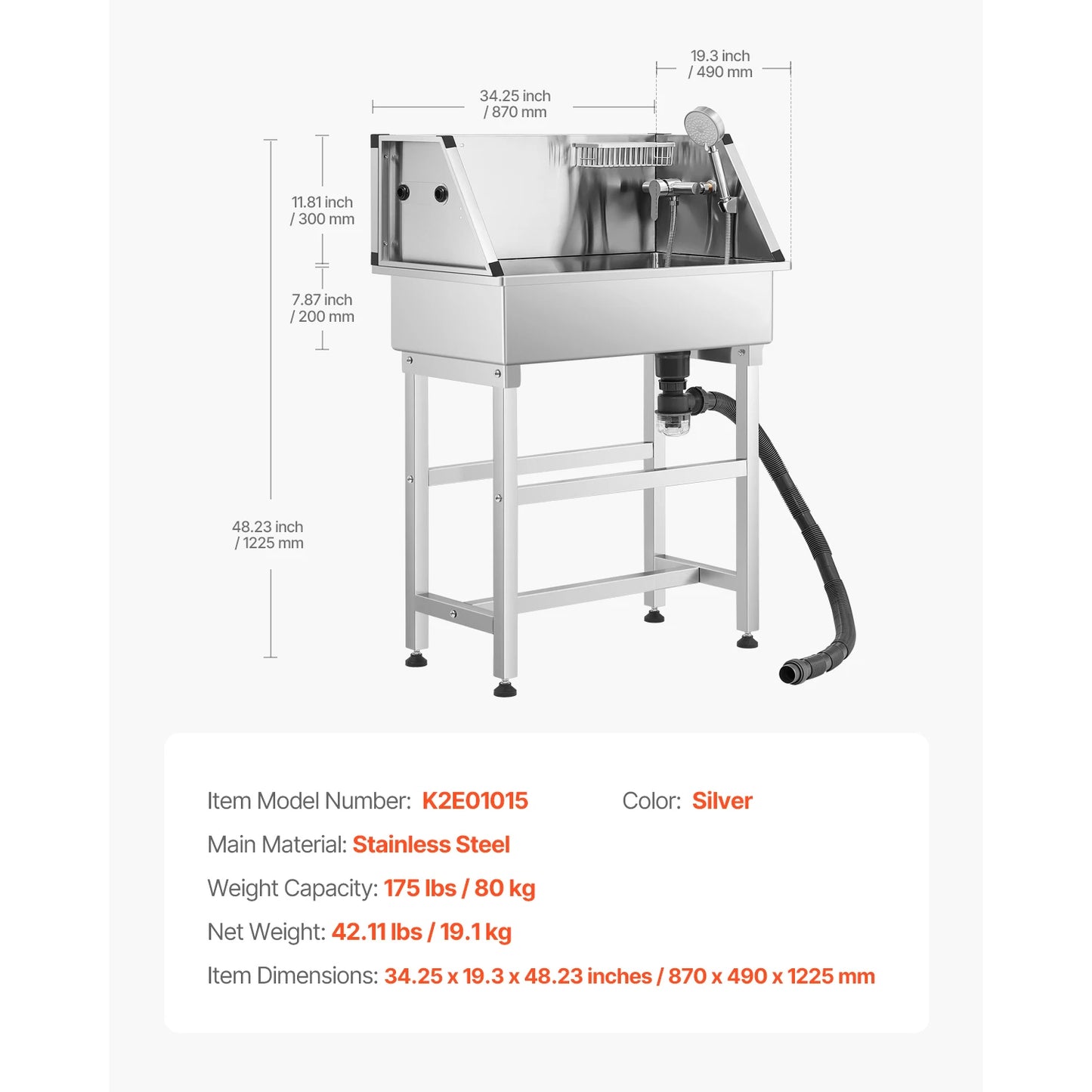 34In Stainless Steel Dog & Cat Washing Station