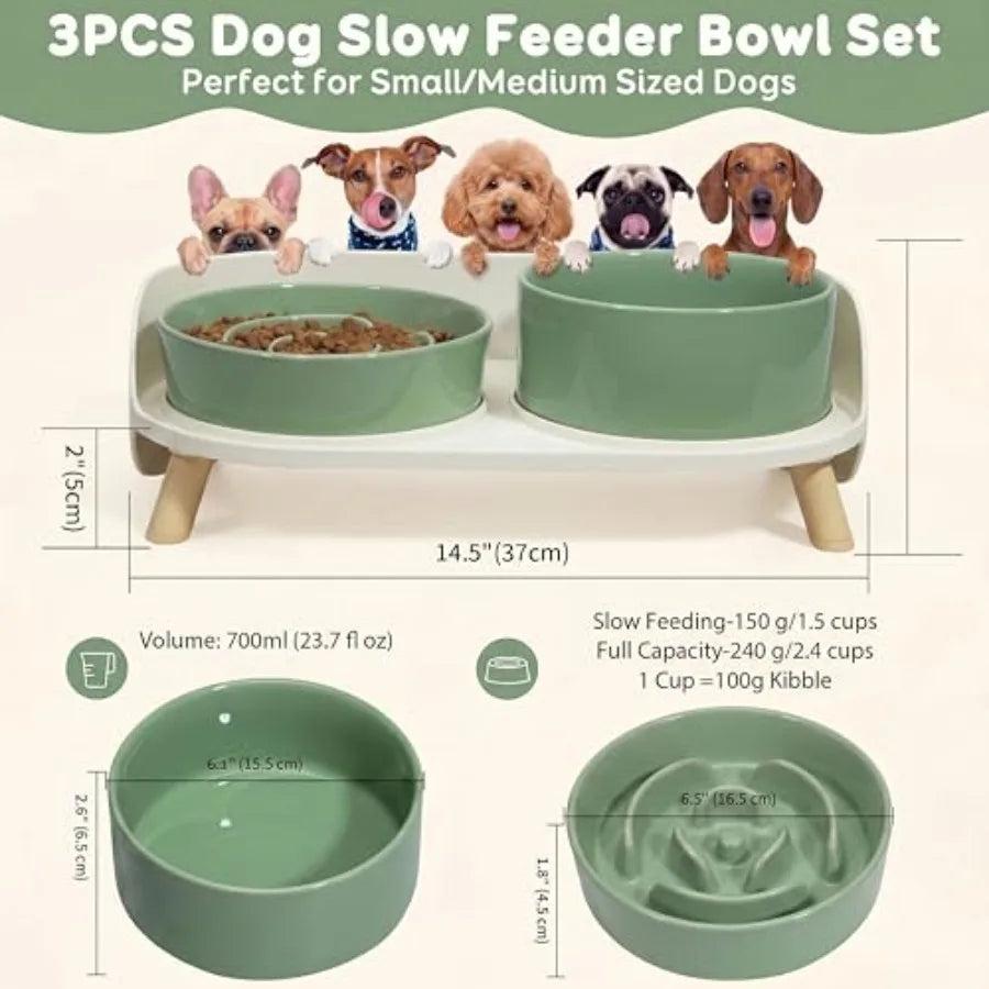 Elevated Ceramic Slow Feeder Food and Water Bowl Set