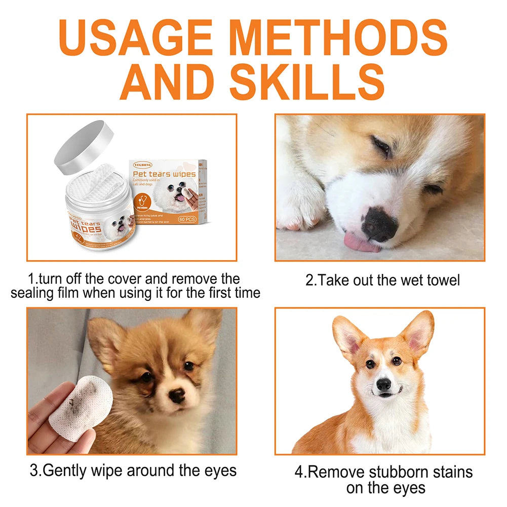 60pcs Pet Tear/Ear Wet Wipes