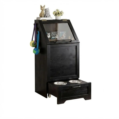 Pet Feeding Station with Raised Bowls & Food Storage