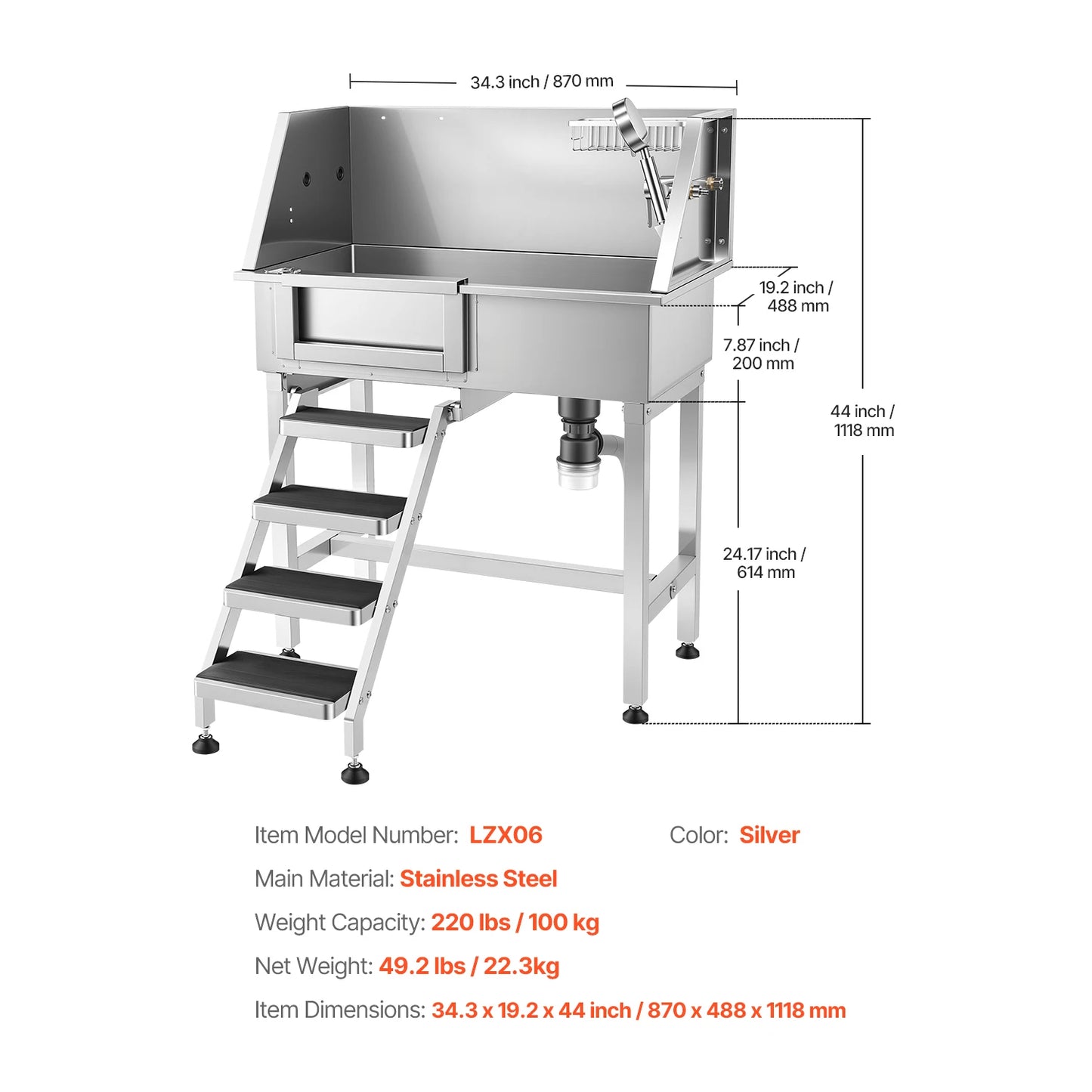 34" Dog Washing Stainless Steel Dog Wash Sink & Shower