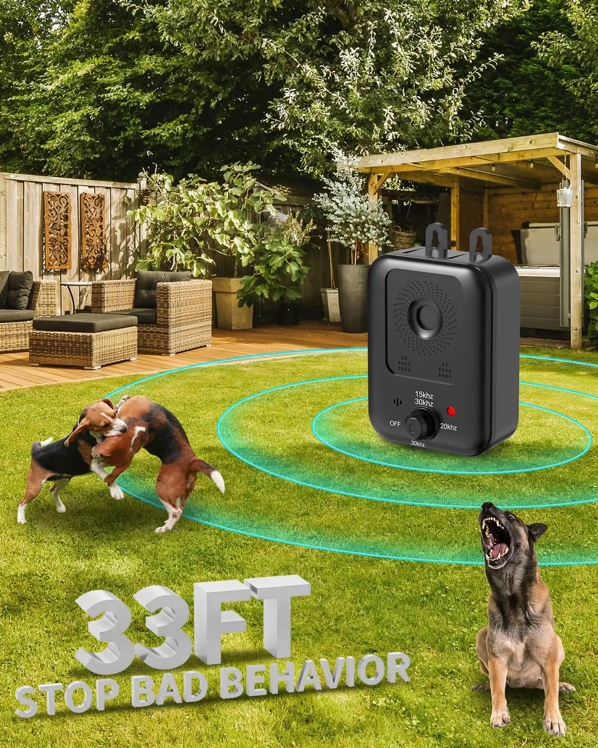 Ultrasonic indoor, outdoor, rechargeable ultra dog barking device.