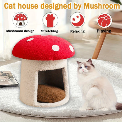 Mushroom Cat Bed house with washable removable cushions.