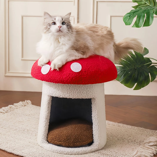 Mushroom Cat Bed house with washable removable cushions.