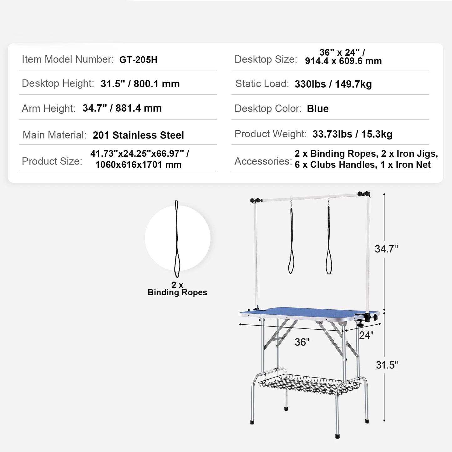 Foldable Pet Grooming Table Two Arms with Clamps