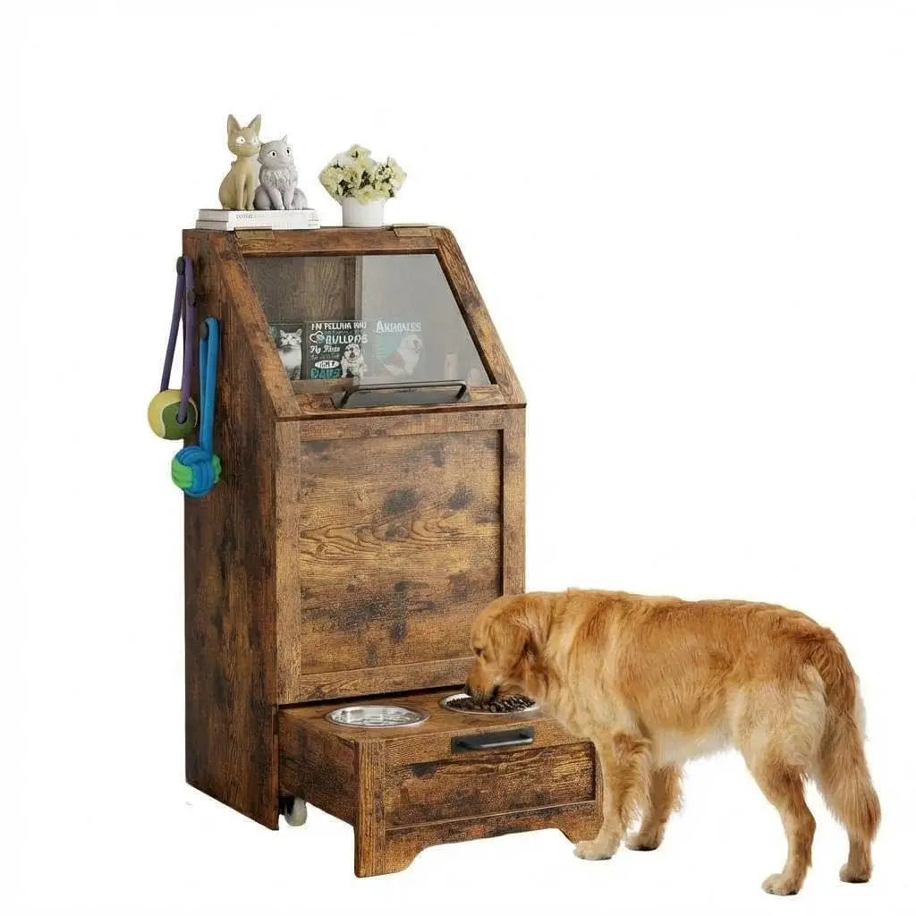 Pet Feeding Station with Raised Bowls & Food Storage