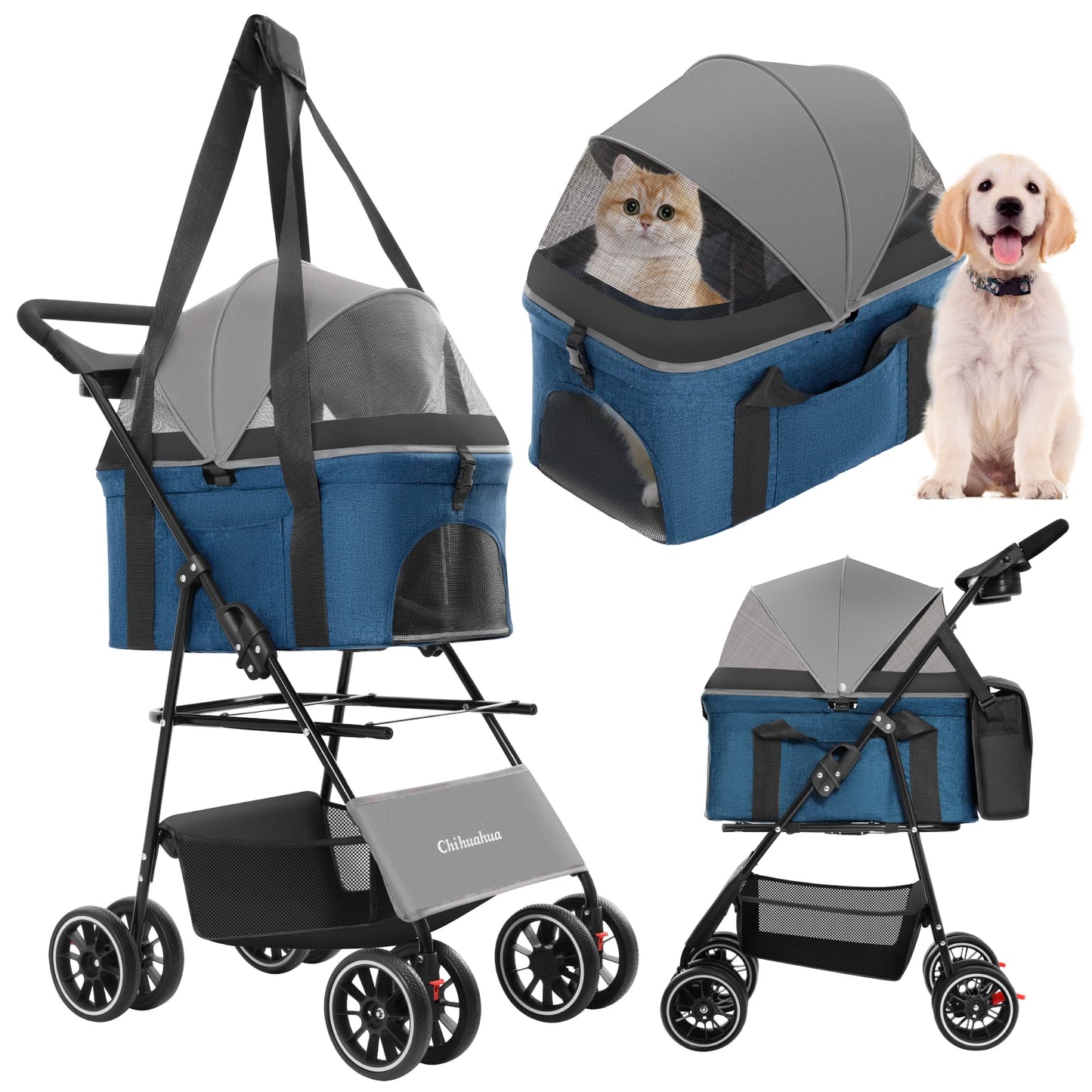 Pet Stroller for Dogs Cats Lightweight Foldable & Detachable