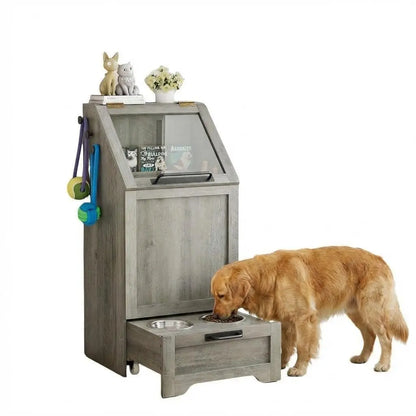 Pet Feeding Station with Raised Bowls & Food Storage