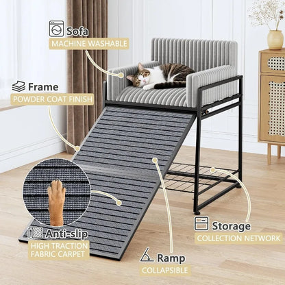 Folding Pet Stairs Ramp with Seat & Bed