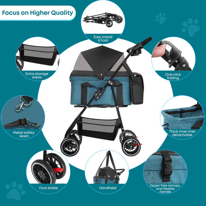 Pet Stroller for Dogs Cats Lightweight Foldable & Detachable