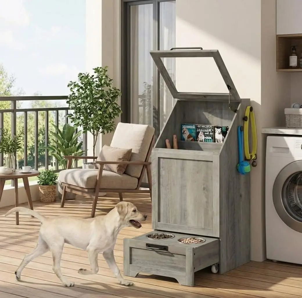 Pet Feeding Station with Raised Bowls & Food Storage