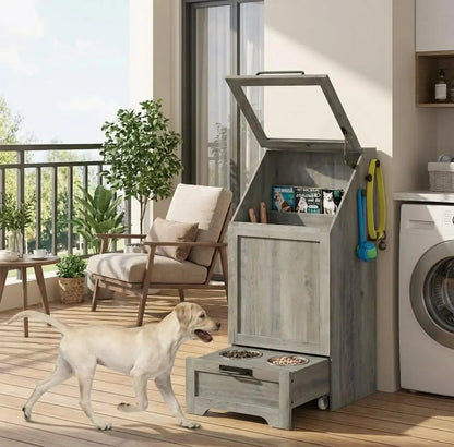 Pet Feeding Station with Raised Bowls & Food Storage