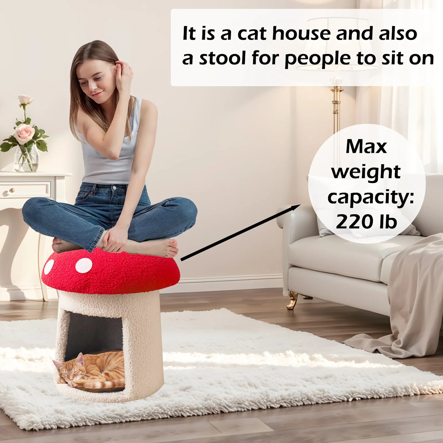 Mushroom Cat Bed house with washable removable cushions.